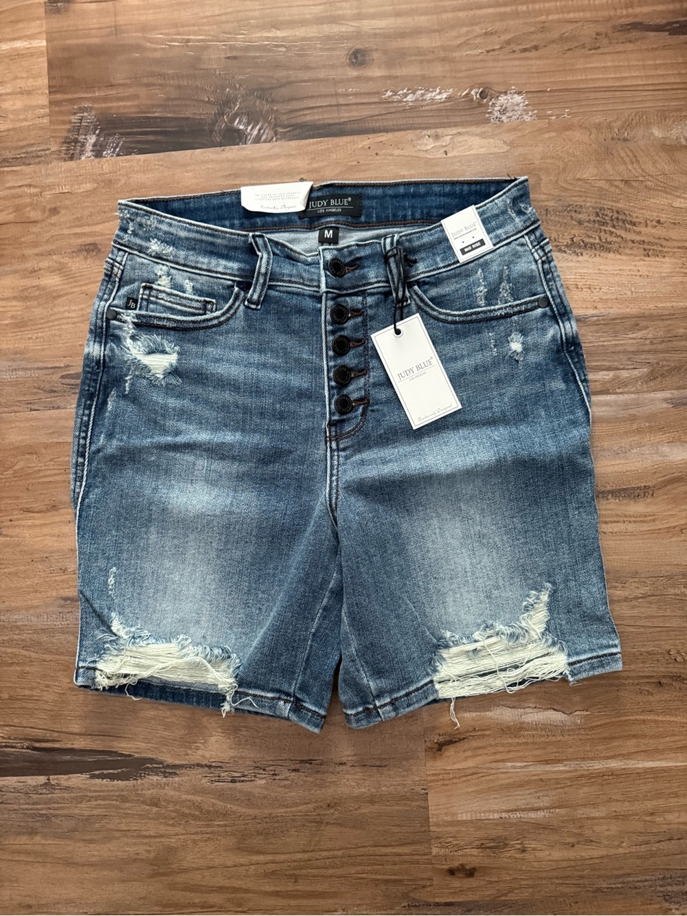 Judy Blue Medium Wash Distressed Button-Fly Denim Shorts